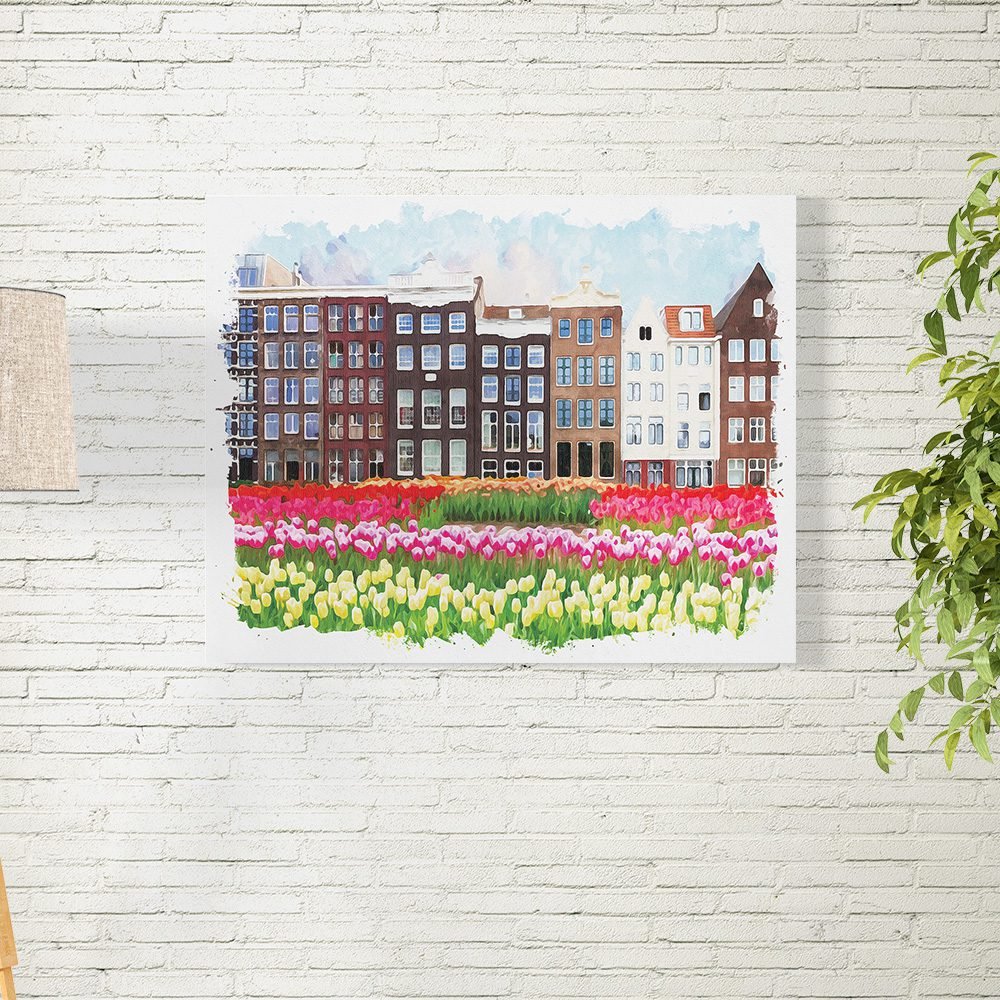 Amsterdam skyline with traditional Dutch buildings and tulips