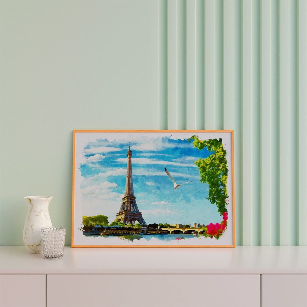 View of the Eiffel Tower in Paris with the river and a flying gull