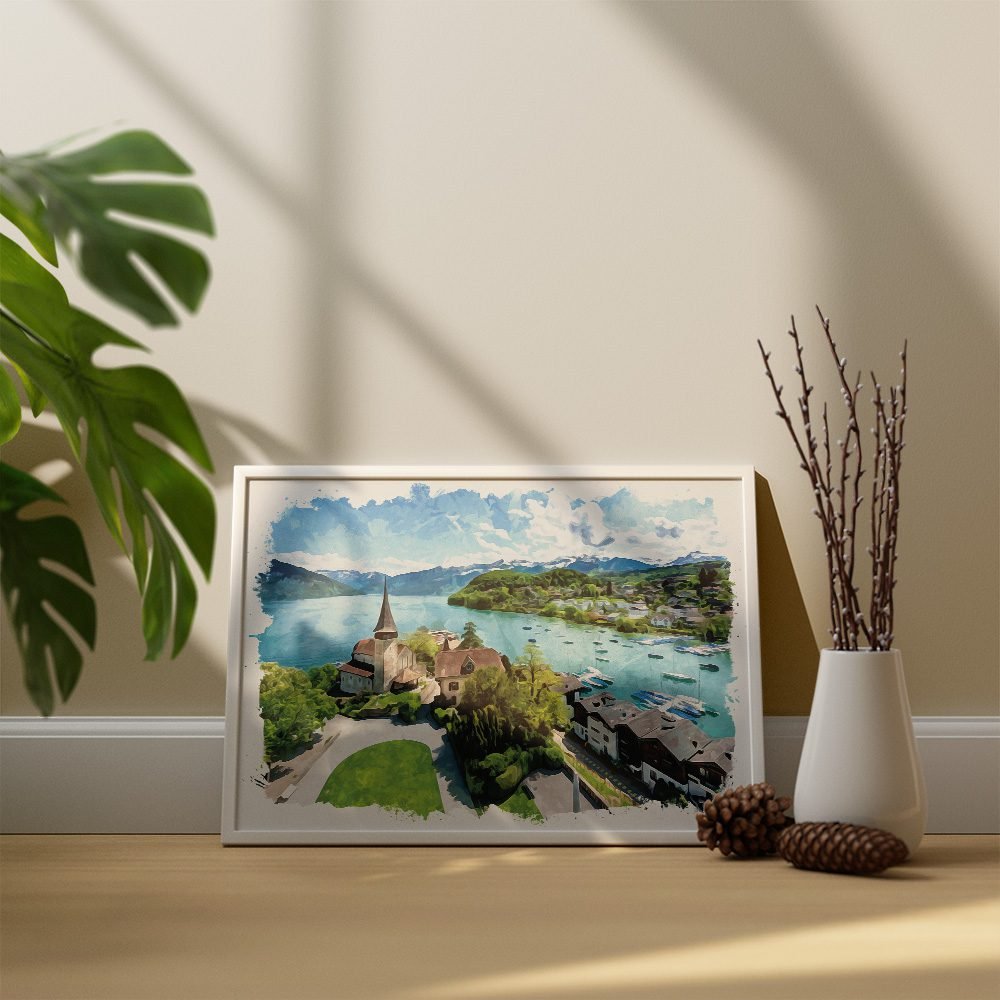 Swiss landscape on the table with vase and flowers