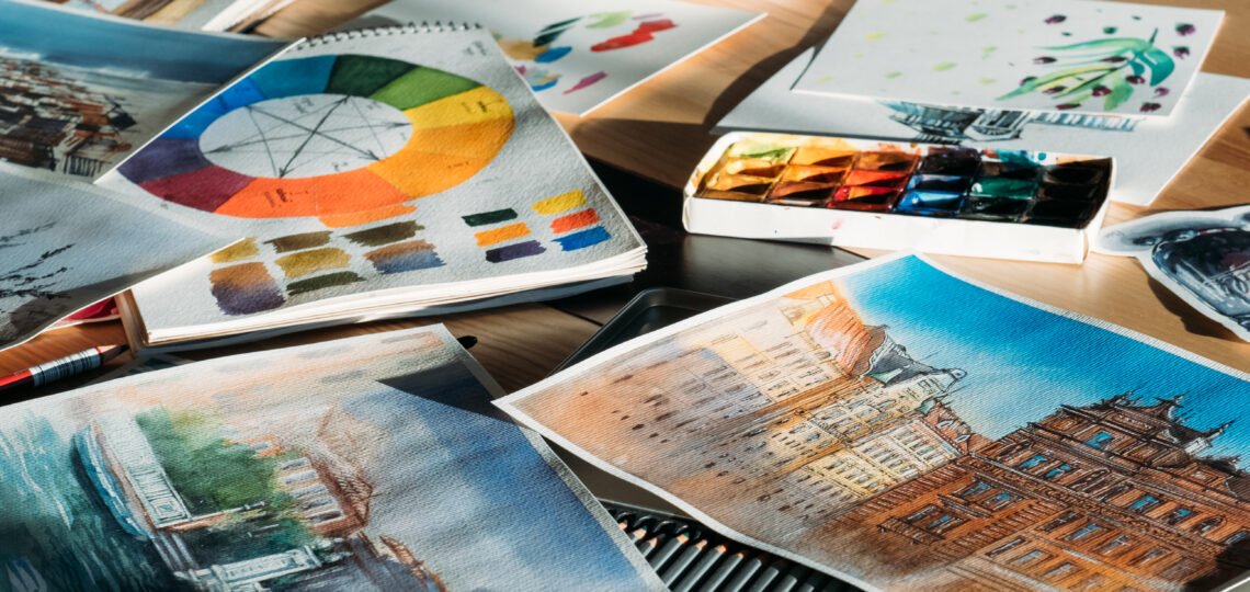 artist-workplace-painter-studio-atmosphere-watercolor-artworks-art-supplies-around