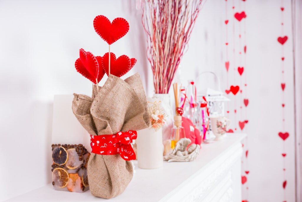 Valentine’s Day Decor Ideasheart-decorations-wrapped-burlap-valentines-day-decorations-white-fireplace-mantle