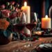 lovers-celebrating-anniversary-valentine-s-day-romantic-dinnertwo-glasses-red-wine-candles-wooden-desk-valenines day table decor
