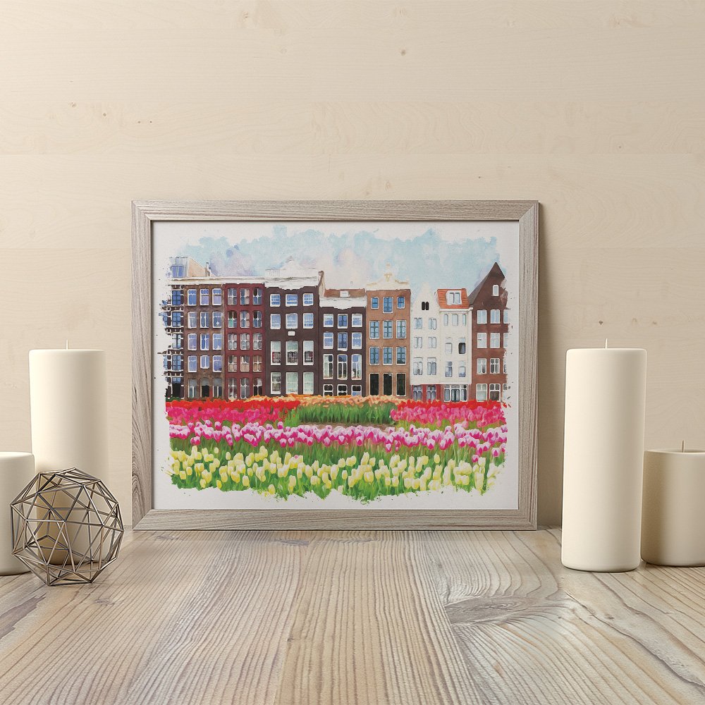 Watercolor Digital Prints Amsterdam Traditional House and Tulips