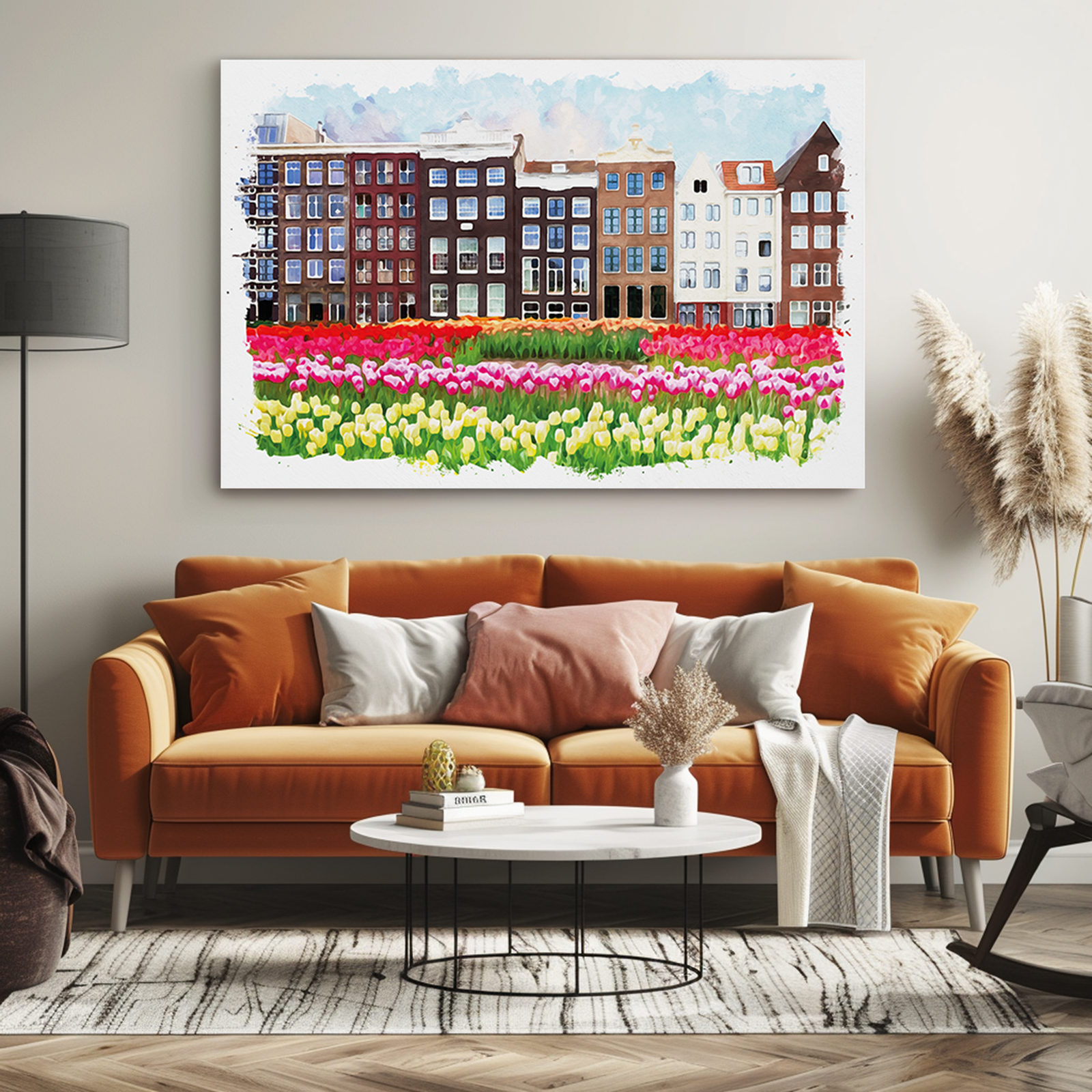 Bright and airy living room with a horizontal watercolor painting of Amsterdam. The decor includes a comfortable sofa, colorful cushions, and indoor plants, creating a lively and inviting space.