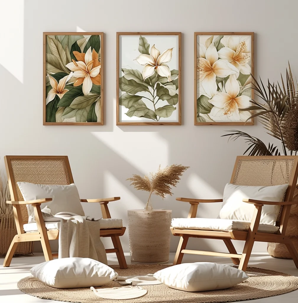 frame, wooden chair and frame set, in the style of botanical watercolors, dark white and light amber, large canvas sizes, vray, mandy disher, grandiose interiors, bloomcore