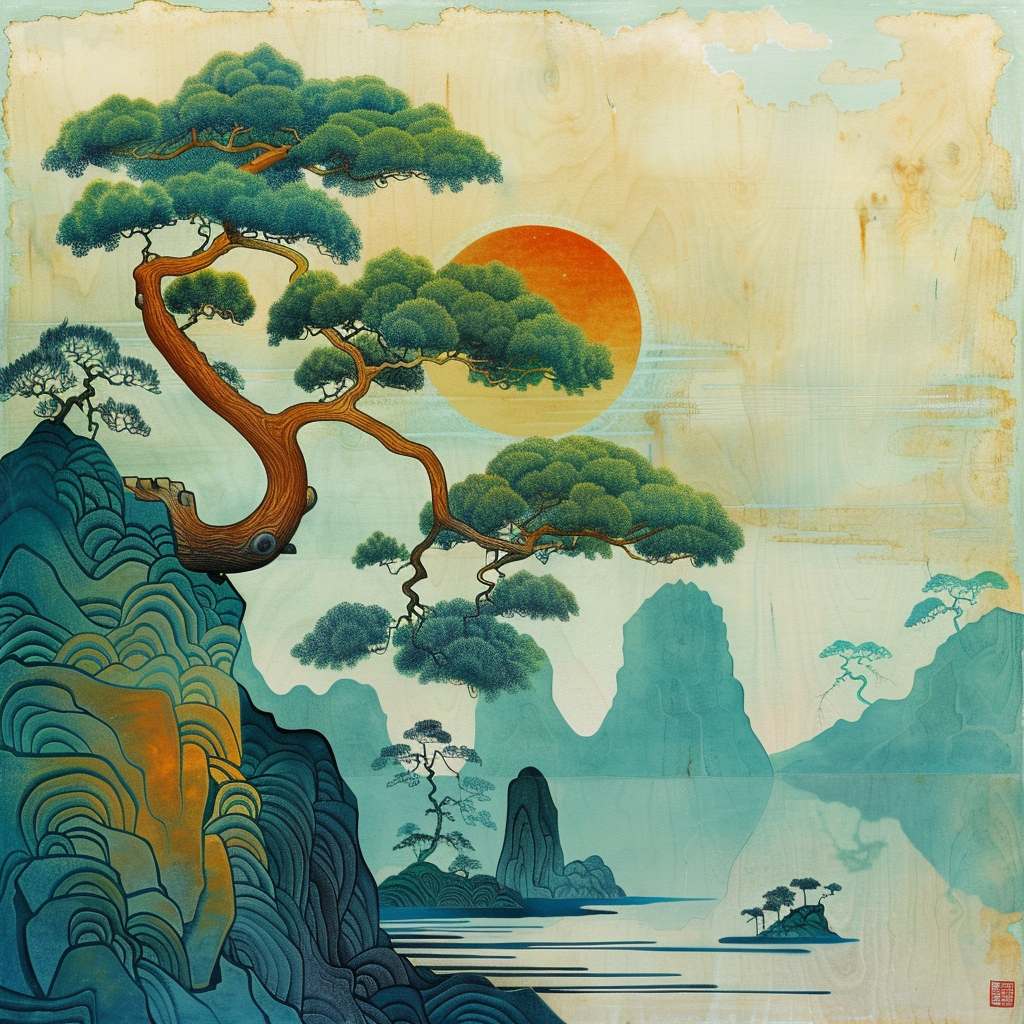 Japanese art, landscape, clean lines radiate calmness and purity