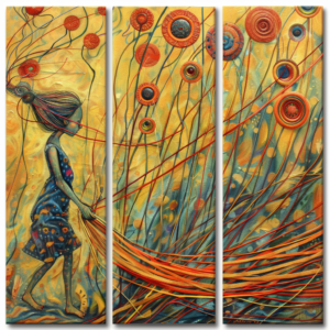 an adorable stylized little girl walking the sun with a long red leash. The illustration is cute, playful, and conceptual. The setting is an open field of whimsical, tall flowers. The textures are swirled, intricate patterns and the illustration is highly stylized. The vibrant colors feature red, yellow, orange, blue, and turquoise.