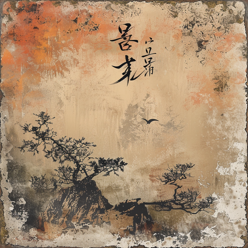 a Japanese wall art, with traditional kanji characters and a Japanese theme, with restrained earth colors, the picture exudes calmness and peace.