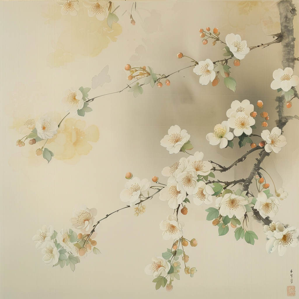 it is characterized by traditional Japanese art, neutral tones, a harmonious mixture of muted colors and bright shades that appear from time to time. Shades of white, beige, gray and taupe form the basis of the palette, evoking a sense of calm and simplicity. These neutral tones are often complemented by earthy colors such as soft greens, warm browns and soft blues, adding depth and warmth to the artwork