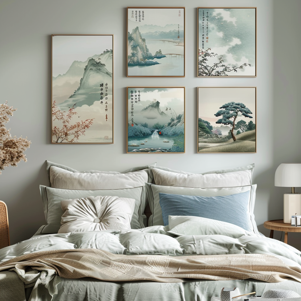 stock photo, from the bedroom, several Japanese wall pictures of different sizes above the bed. The subject of the pictures are traditional Japanese motifs and themes. The colors in Japanese images are calming colors, soft blue or muted green to promote relaxation and rest. Mix and match different sizes and shapes for visual interest while maintaining a cohesive look