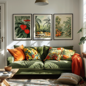 three modern art prints are framed above a couch, in the style of whimsical narratives, hervé télémaque, nature painter, irma stern, maximalism, vintage poster style, meticulous design