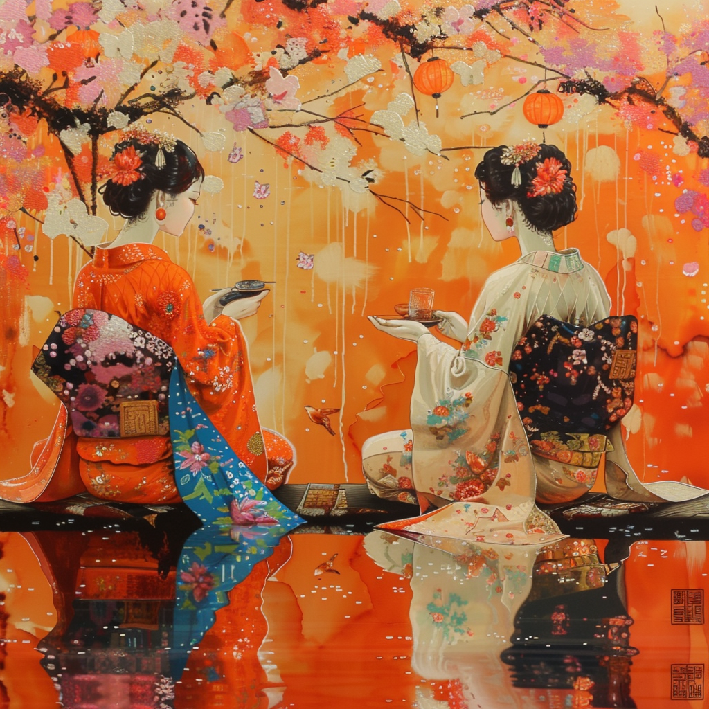 traditional japandni art, bold colors such as deep reds, rich oranges, or bright blues can also include accents, strategically placed to create visual interest and focal points within the composition. However, these vibrant hues are used sparingly to maintain the overall balance and calm of the artwork.