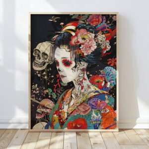 Vibrant Geisha Skull Art showing a geisha adorned with intricate floral patterns and subtle skull motifs. Her hair is decorated with blossoms, blending grace and mystery.