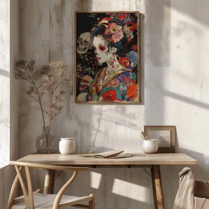 A cozy room with a wooden desk and chair. On the wall hangs a framed Geisha Skull Art print, showing a vibrant geisha with floral and skull motifs. Warm light creates a serene vibe.