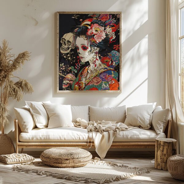 Sunlit living room with a beige sofa and white cushions. Above hangs a bold Geisha Skull Art print with floral and skull motifs. Natural light creates an inviting atmosphere.