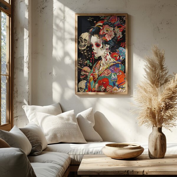 A framed Geisha Skull Art hangs on a textured wall, depicting a colorful geisha with flowers and skulls. Cushions and pampas grass nearby enhance the cozy vibe.