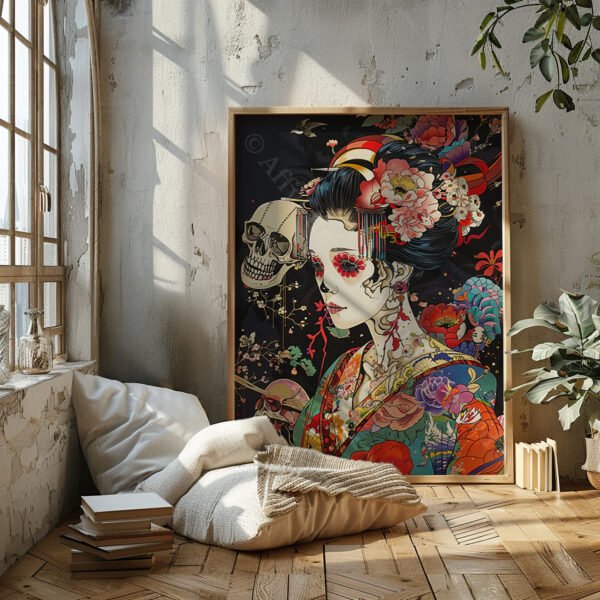 Framed Geisha Skull Art featuring a geisha in traditional attire, with flowers and skull motifs, hangs in a sunlit room with cushions, books, and plants.