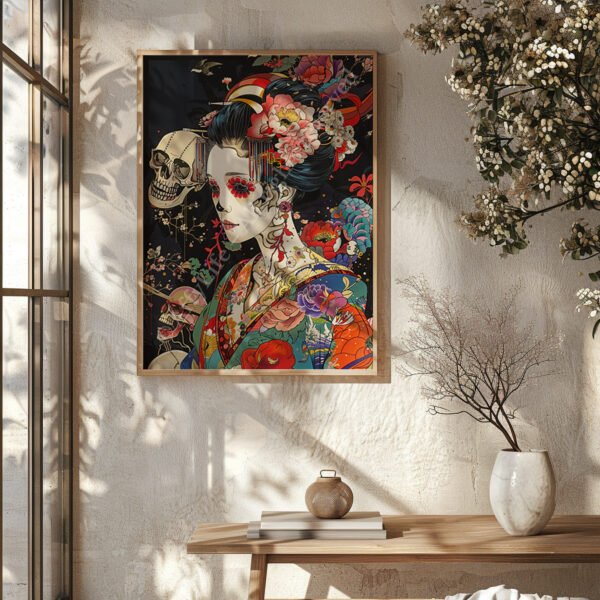 A framed Geisha Skull Art of a geisha in colorful attire with floral and skull motifs, displayed on a textured wall in natural sunlight.