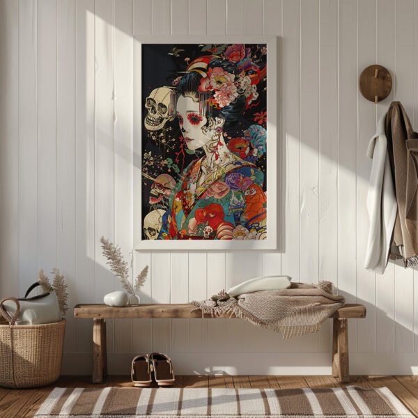 Minimalist room with a framed Geisha Skull Art showing a geisha in a floral kimono with skulls, set against a dark background.