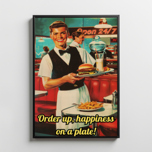 Retro diner art featuring a cheerful waiter holding a burger and fries in a black frame.