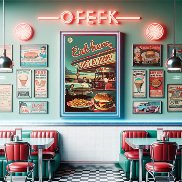 Retro diner poster featuring "Eat here, DIET AT HOME!" displayed in a classic American diner setting with red booths and vintage decor.