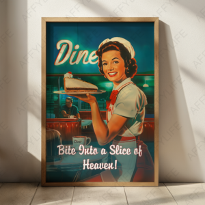 1950s Retro Diner Poster featuring a smiling server holding a slice of pie. A neon "Diner" sign glows behind her, with the text "Bite Into a Slice of Heaven!" evoking classic American diner nostalgia.