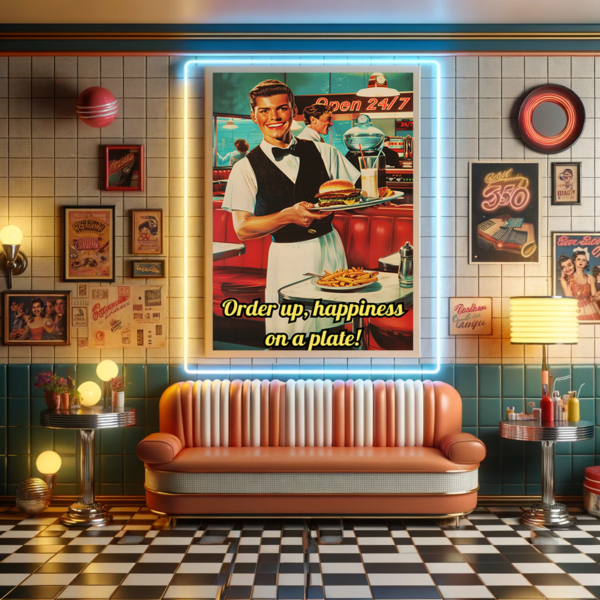 Retro diner art displayed in a 1950s-themed room with neon lights and vintage decor.