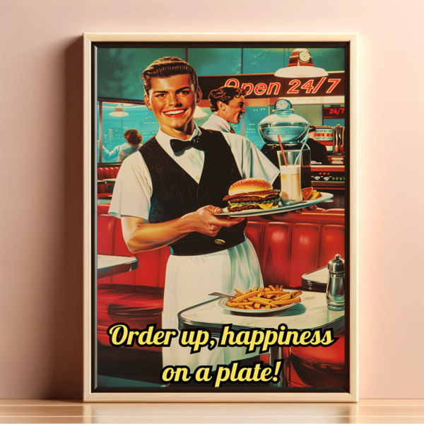 Retro diner art framed in a beige room with soft lighting.