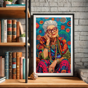 Bohemian art illustration of a vintage fashion icon framed and placed on a bookshelf surrounded by books and modern decor items.