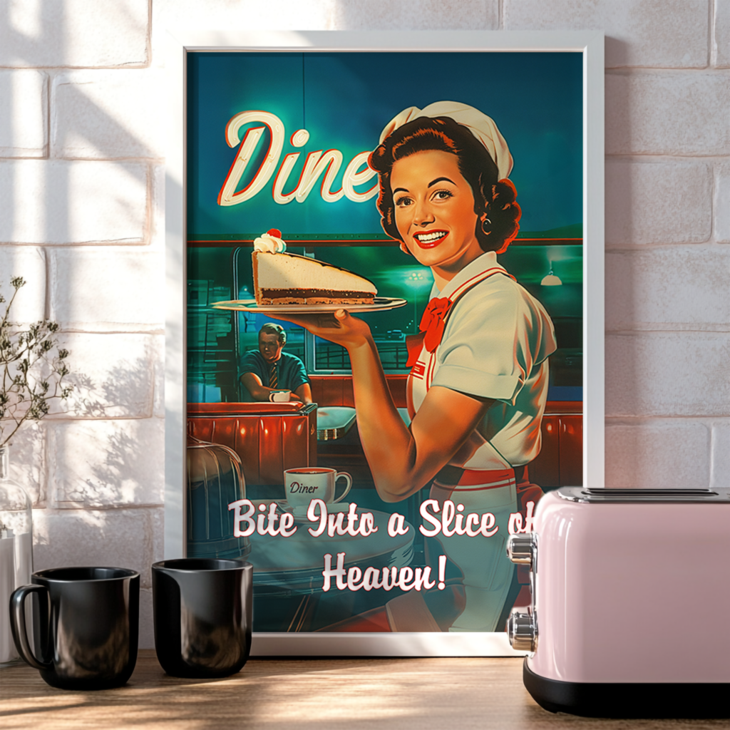 A framed 1950s Retro Diner Poster featuring a smiling server holding a slice of pie. Neon "Diner" lettering adds a classic American diner vibe.