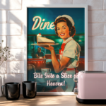 A framed 1950s Retro Diner Poster featuring a smiling server holding a slice of pie. Neon "Diner" lettering adds a classic American diner vibe.