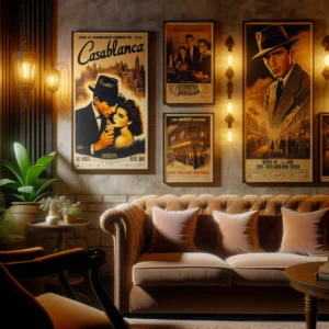 A retro poster of the classic movie 'Casablanca,' featuring iconic scenes and characters. The poster displays the famous couple in vintage attire, with an old car and a city backdrop, all rendered in a nostalgic, vintage art style.