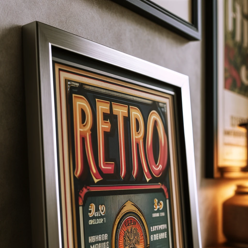 A close-up of a retro poster framed in a sleek metal frame. The frame offers a modern contrast and highlights the beauty of the poster, which features a vibrant, nostalgic design. The background includes subtle vintage decor elements, creating a cozy and inviting atmosphere.