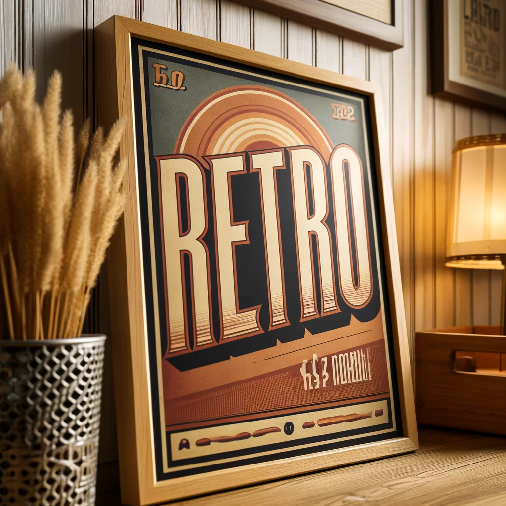 A close-up of a retro poster framed in a wooden frame. The poster features the word 'RETRO' in bold, nostalgic design. The frame adds warmth and highlights the beauty of the poster. The background includes subtle vintage decor elements, creating a cozy and inviting atmosphere.