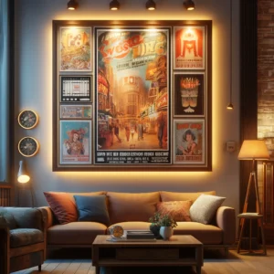 A cozy living room featuring a retro poster on the wall, illuminated by picture lights. The poster is framed in a wooden frame and showcases vibrant, nostalgic designs. The room includes comfortable furniture, warm lighting, and vintage decor elements, creating an inviting atmosphere.