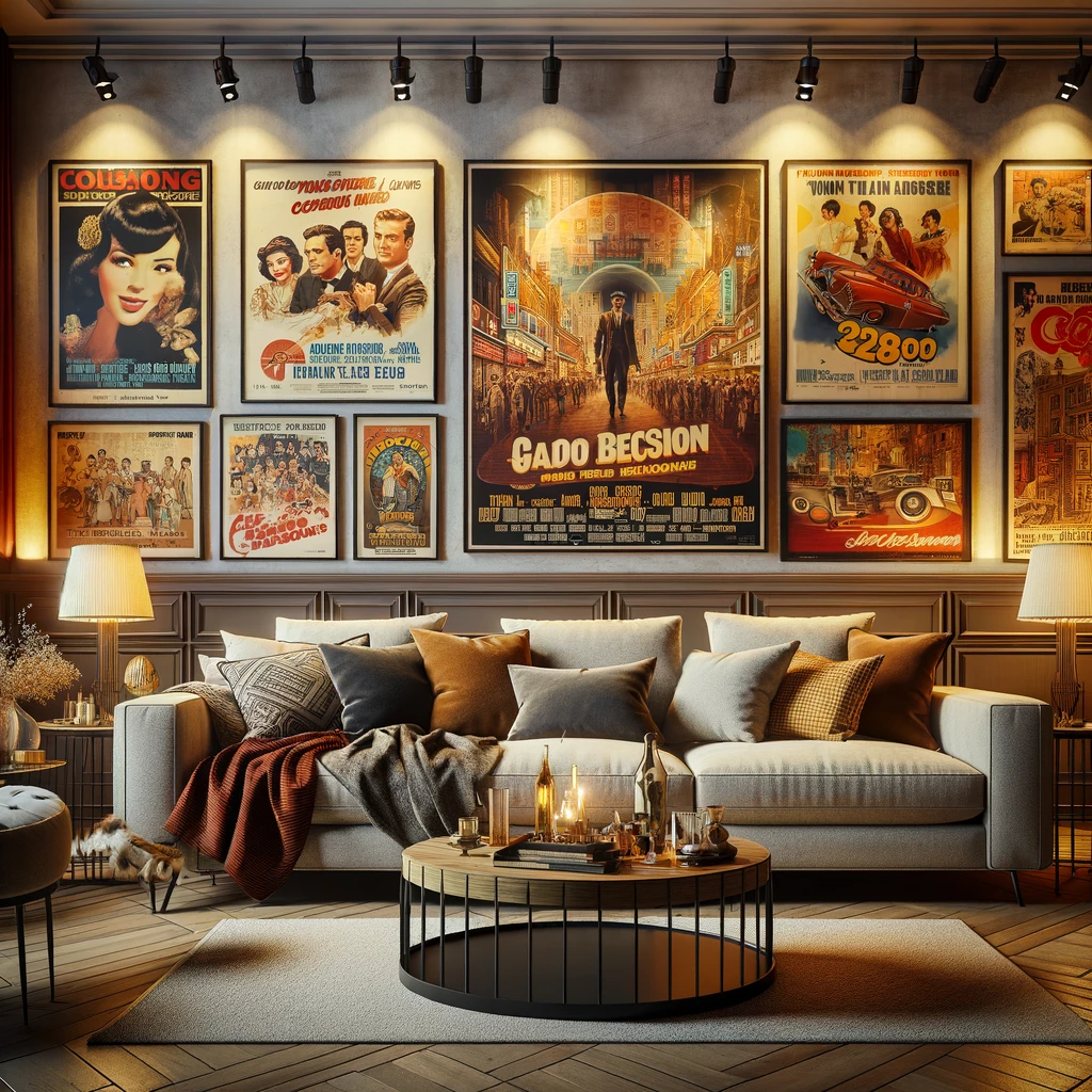 A beautifully decorated living room featuring a mix of retro posters on the walls. The posters include classic movies, vintage advertisements, and iconic designs from past decades. The room has comfortable furniture, warm lighting, and cozy decor elements, creating an inviting and nostalgic atmosphere. Picture lights illuminate the posters, highlighting their vibrant colors and artistic details, blending retro charm with modern comfort.