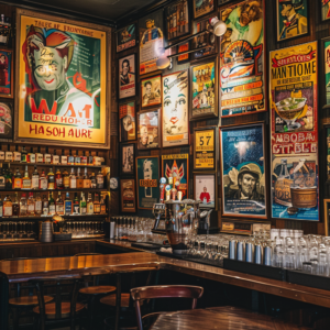 A cozy bar interior adorned with retro posters on the walls. The posters feature vibrant and nostalgic designs, creating a warm and inviting atmosphere. The bar is well-stocked with various bottles and glasses, and the seating area includes wooden tables and chairs, making it a perfect spot for patrons to relax and enjoy their drinks