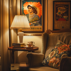 A cozy reading nook featuring a comfortable armchair with a patterned pillow, a small table with books and teacups, and a warm lamp. Retro posters adorn the walls, adding a nostalgic and inviting atmosphere to the space.