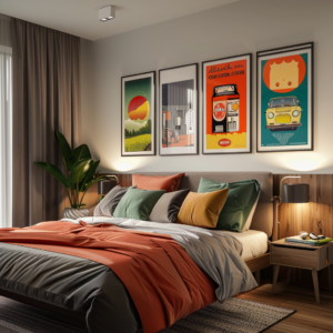 A modern bedroom featuring a harmonious gallery wall of retro posters. The posters are framed in black and include vibrant designs, creating a stylish focal point above the bed. The room is decorated with a mix of colorful pillows, warm lighting, and a large plant, creating a cozy and inviting atmosphere