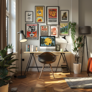 A modern home office featuring retro posters on the walls. The office includes a stylish desk with a comfortable chair, floor lamp, shelves with books and plants, and natural light streaming through the windows. The posters add a touch of nostalgia and inspiration, creating an inviting and productive atmosphere.