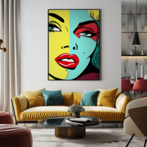 A retro poster inspired by Roy Lichtenstein, featuring a pop art style portrait of a woman with bold colors and striking lines. The poster is displayed in a stylish living room with a mustard yellow sofa, teal pillows, and modern decor elements, adding a touch of vintage charm and artistic flair.