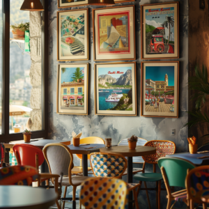 webbloko A stylish cafe adorned with retro posters of travel 69258f01 63ea 451c 9bfa e9b066a79705 2