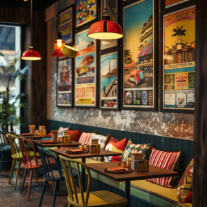 A stylish cafe featuring retro travel posters on the walls. The posters showcase vibrant and colorful designs, adding a nostalgic and inviting atmosphere. The cafe has a mix of colorful chairs and tables, with cozy seating and warm lighting, creating a welcoming environment for customers.