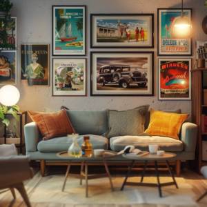 A stylish modern living room with a gallery wall of retro posters, featuring movie posters, travel ads, and vintage illustrations. The room includes a comfortable sofa with orange and green pillows, a coffee table with drinks and snacks, warm lighting, and cozy decor elements, creating an inviting atmosphere for guests to reminisce about the past.