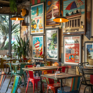 A stylish restaurant featuring retro travel posters on the walls. The posters display vibrant and colorful designs, adding a nostalgic and inviting atmosphere. The restaurant has a mix of colorful chairs and tables, with cozy seating and warm lighting, creating a welcoming environment for diners