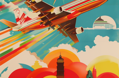An old airline advertisement poster from the 1970s featuring a vibrant and colorful illustration of an airplane flying over a cityscape. The poster includes dynamic elements such as rainbow trails, bold geometric shapes, and a retro aesthetic, evoking a sense of nostalgia and excitement.