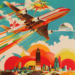 An old airline advertisement poster from the 1970s featuring a vibrant and colorful illustration of an airplane flying over a cityscape. The poster includes dynamic elements such as rainbow trails, bold geometric shapes, and a retro aesthetic, evoking a sense of nostalgia and excitement.