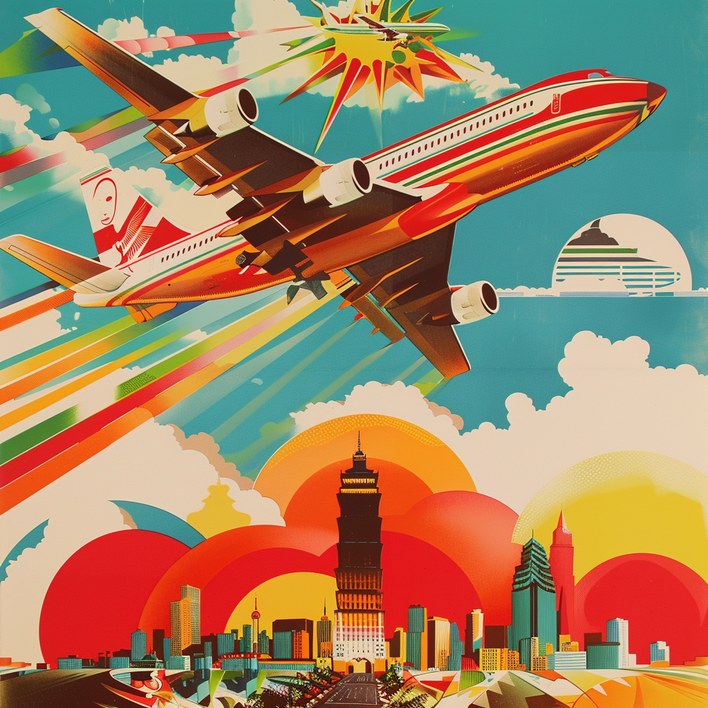 An old airline advertisement poster from the 1970s featuring a vibrant and colorful illustration of an airplane flying over a cityscape. The poster includes dynamic elements such as rainbow trails, bold geometric shapes, and a retro aesthetic, evoking a sense of nostalgia and excitement.