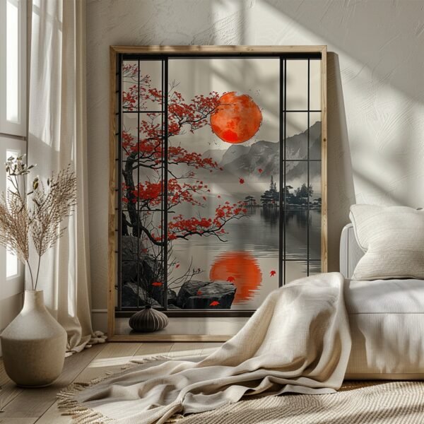 Framed Japandi Autumn Art of a serene lake with red sun and maple tree, leaning on the floor near a beige couch in a cozy, sunlit space.