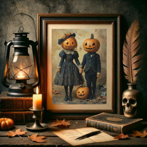 A vintage scene of two figures with carved pumpkin heads in dark Victorian attire. The Victorian Halloween Art is surrounded by a lantern, candle, and old books on a wooden table, with autumn leaves scattered around, creating a dark and moody Halloween decor.